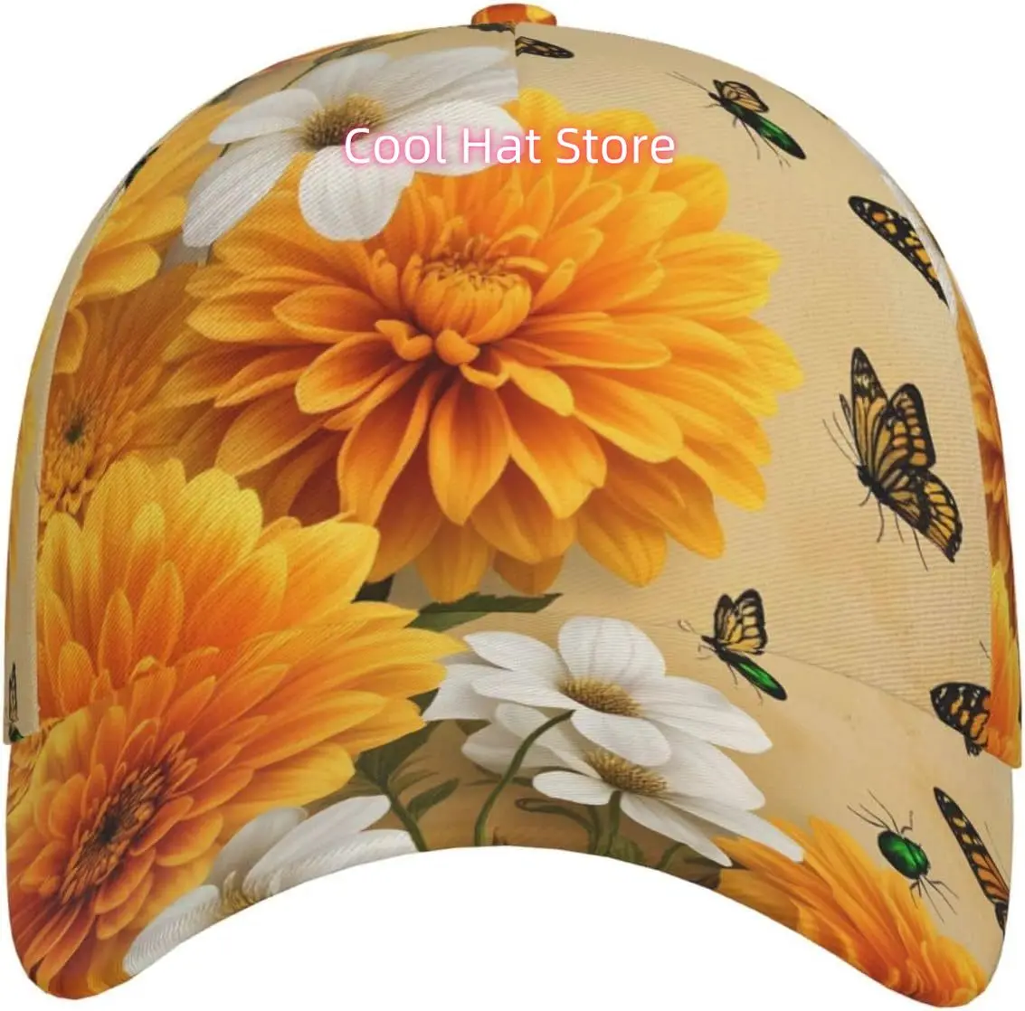 Butterflies On Sunflowers and Daisies Pattern Baseball Cap Adjustable Cotton Baseball Hat for Sports, Outdoor, Travel Gifts for