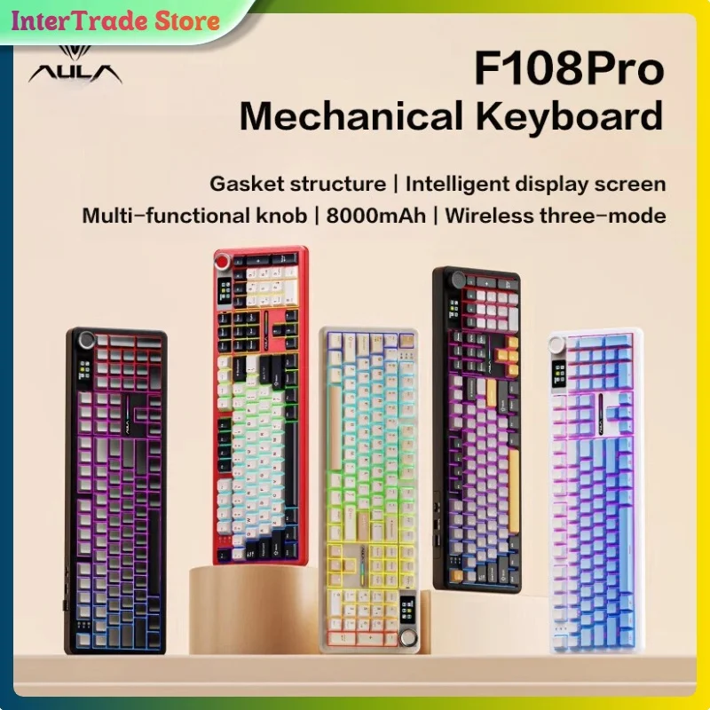 

AULA F108 Custom Mechanical Keyboard 3 Mode Wired Bluetooth 2.4G Wireless RGB Lighting Effect Gaming Office Mechanical Keyboard
