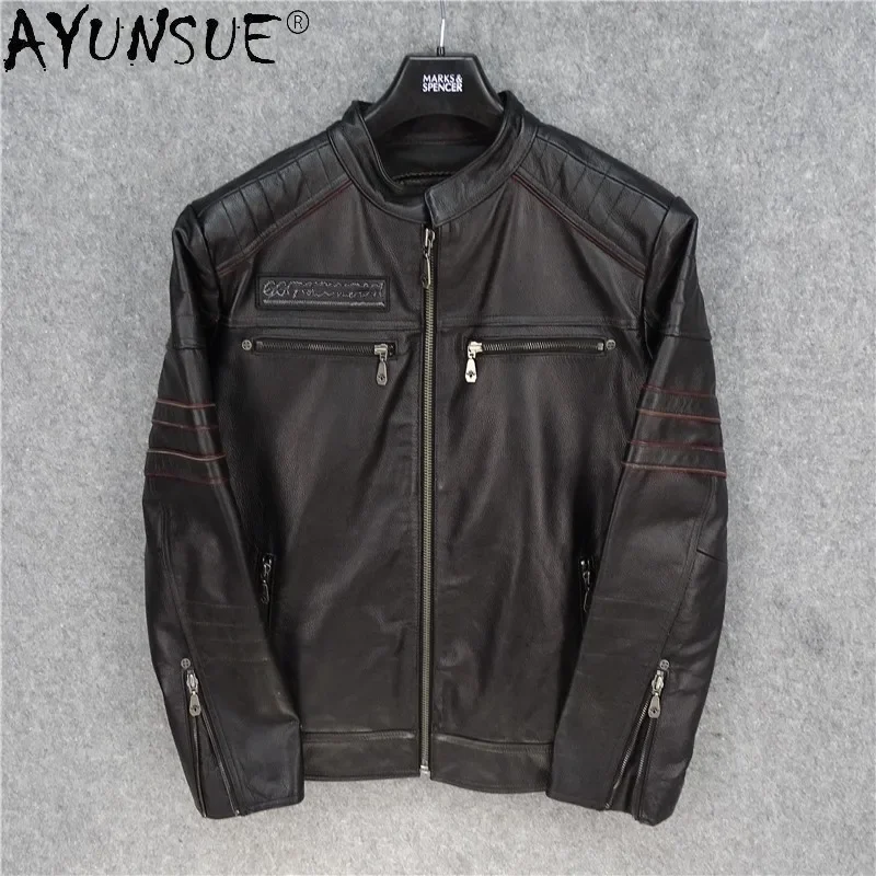 

AYUNSUE Jacket Men real Cowhide Leather Jackets Embroidered Skull Coat Motorcycle Men's Clothing Rock Clothes Male Ropa LXR515