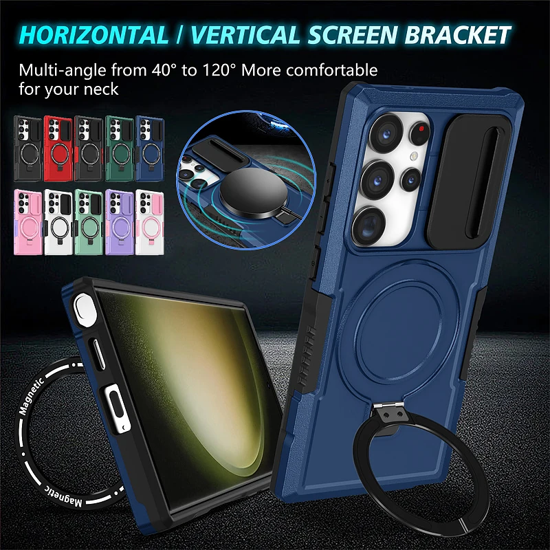 Magsafe-Samsung Galaxy s24用の磁気リング付きアーマーケース,スライドレンズ付きケース,ワイヤレス充電,Galaxy s24 plus s24用ケース