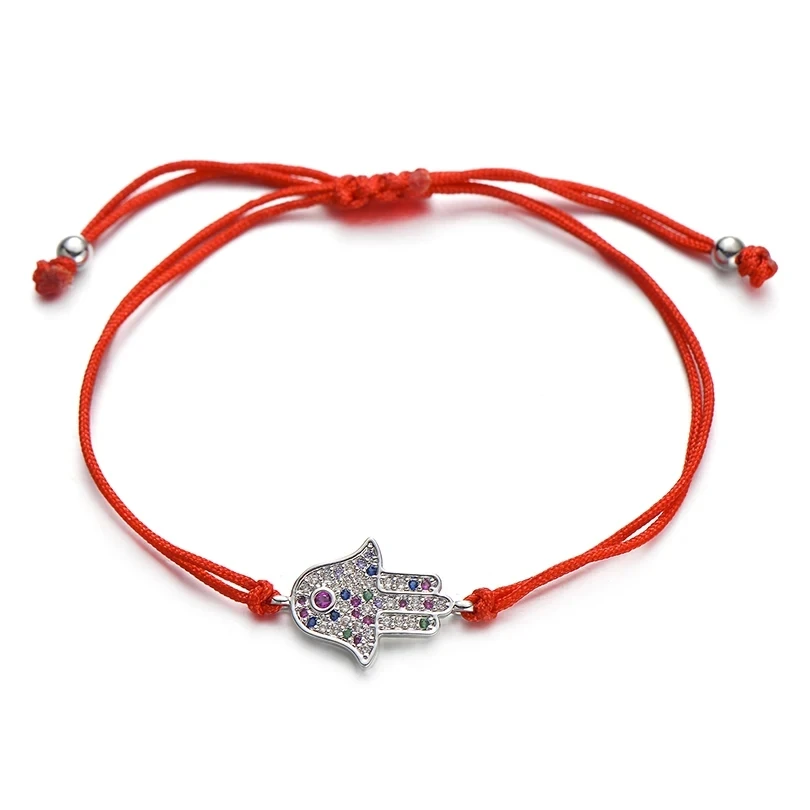 Multicolor Cubic Zirconia Crystal Hamsa Hand Lucky Charm Bracelet Women Fatima Red String Handcrafted Adjustable Jewelry Present