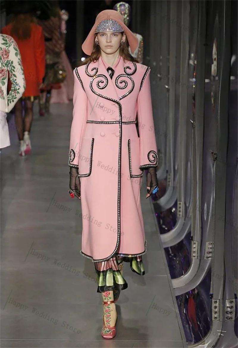 

Crystals Pink Cashmere Women Suit 1 Piece Long Blazer Winter Wool Prom Dress Formal Office Jacket Customized Wedding Guest Coat