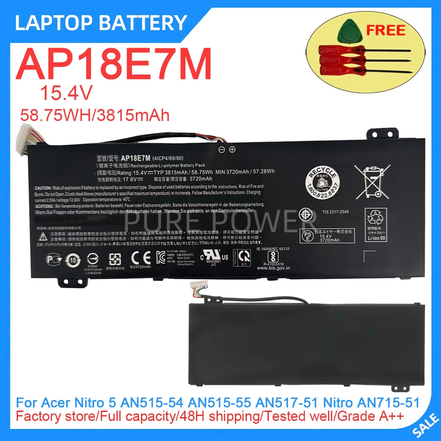 New Laptop Battery AP18E7M 15.4V 58.75WH 3815mAh High Quality For Acer Nitro 5 AN515-54 AN515-55 AN517-51 Nitro AN715-51