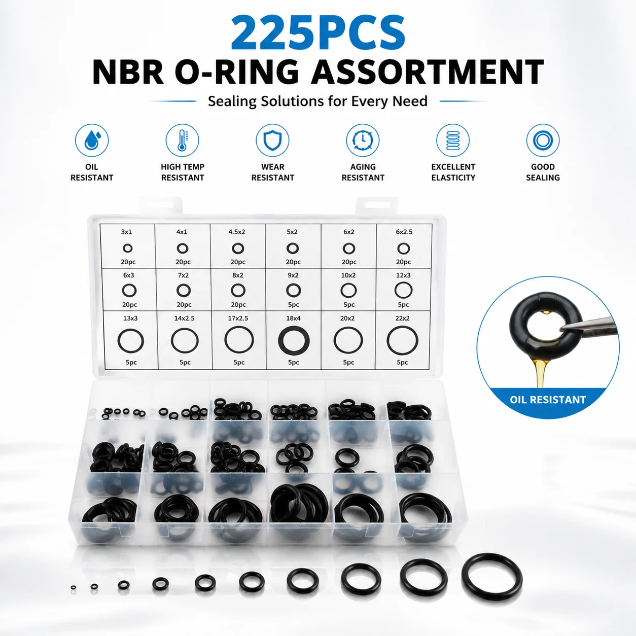 Home Heavy Equipment Maintenance Seals NBR Nitrile Rubber O-ring Kit 225 Pieces CS 1-4mm OD 3-22mm Multi Specification