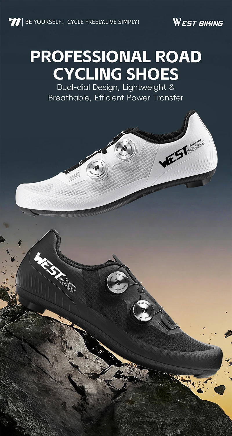 WEST BIKING Herren-Rennradschuhe mit Carbonfaser-Sohle, Dual-Dial-Renn-Sneaker, leichte, atmungsaktive Fahrradschuhe für SPD SL – Detail 1