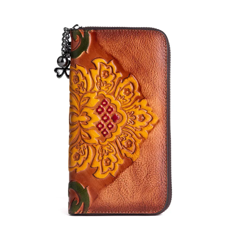 3D Floral Genuine Leather Purse Bag for Woman Large Long  Real Leather Clutch Fashionable Ladies Cow Leather Wallets