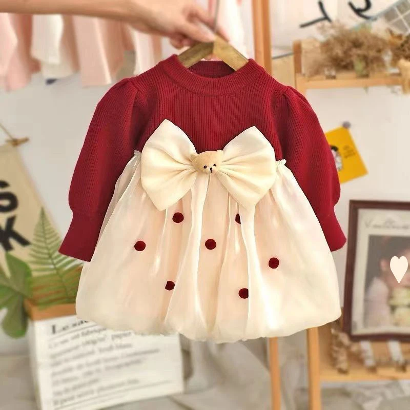 

New Girls Winter Dress Warm Thicken Cotton Princess Dress Fashon Clothing Red Sweater+White Puffy Skirt Baby Girl Dress For 1-3Y