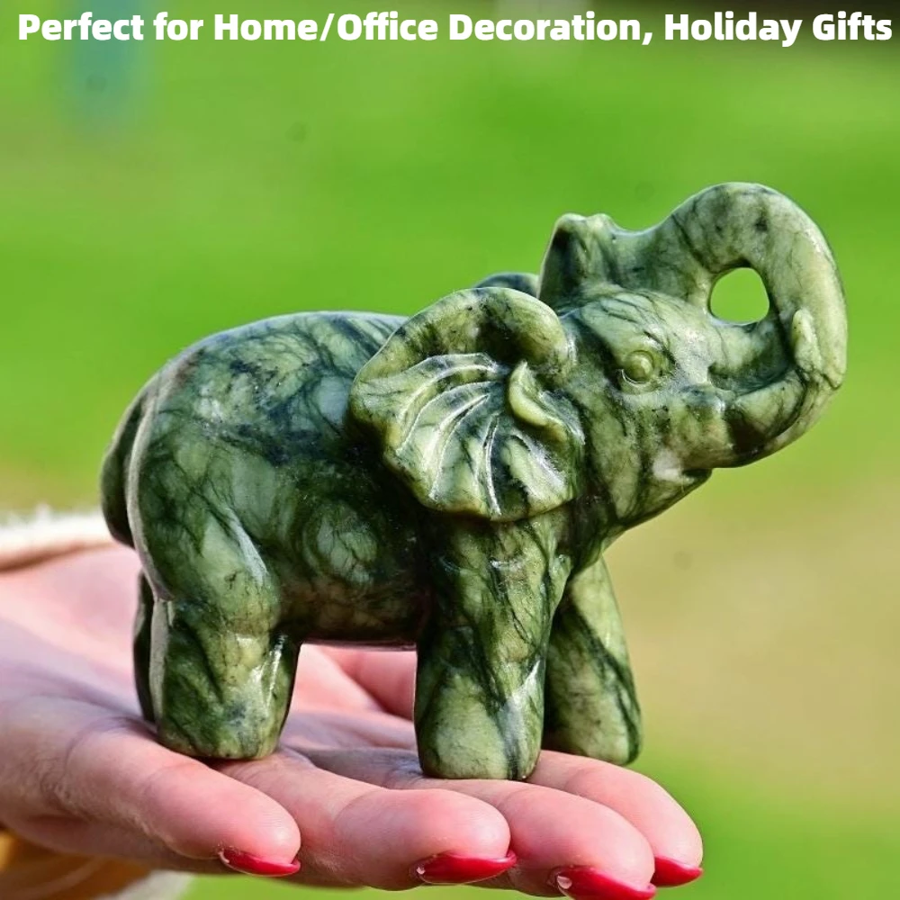 Natural Xiuyan Stone Elephant | Natural Serpentine Crystal Stone | Feng Shui Lucky Elephant Sculpture for Home & Office Decor