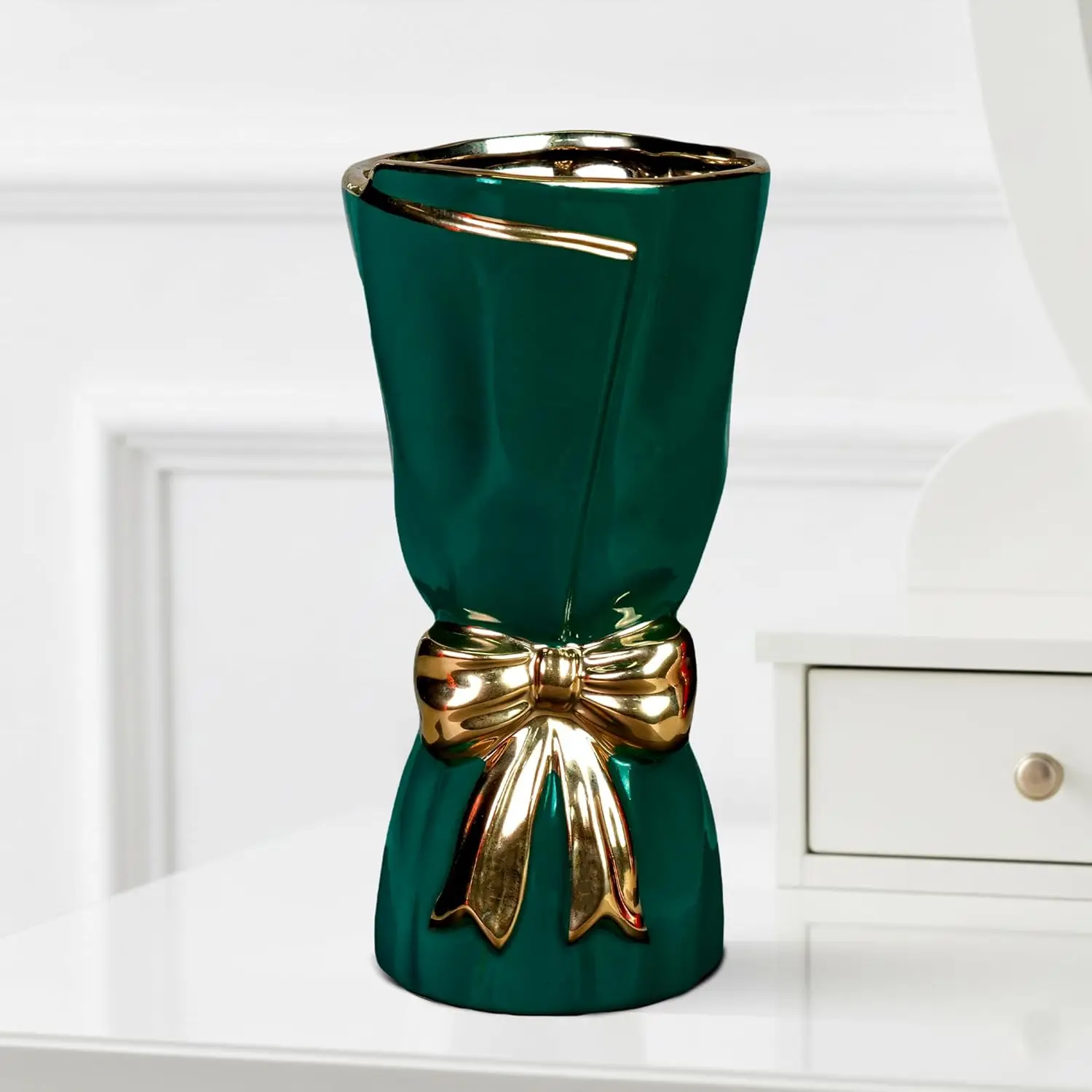Green Ceramic Vase Home Decor 11 Inch Bow Shape, Customized