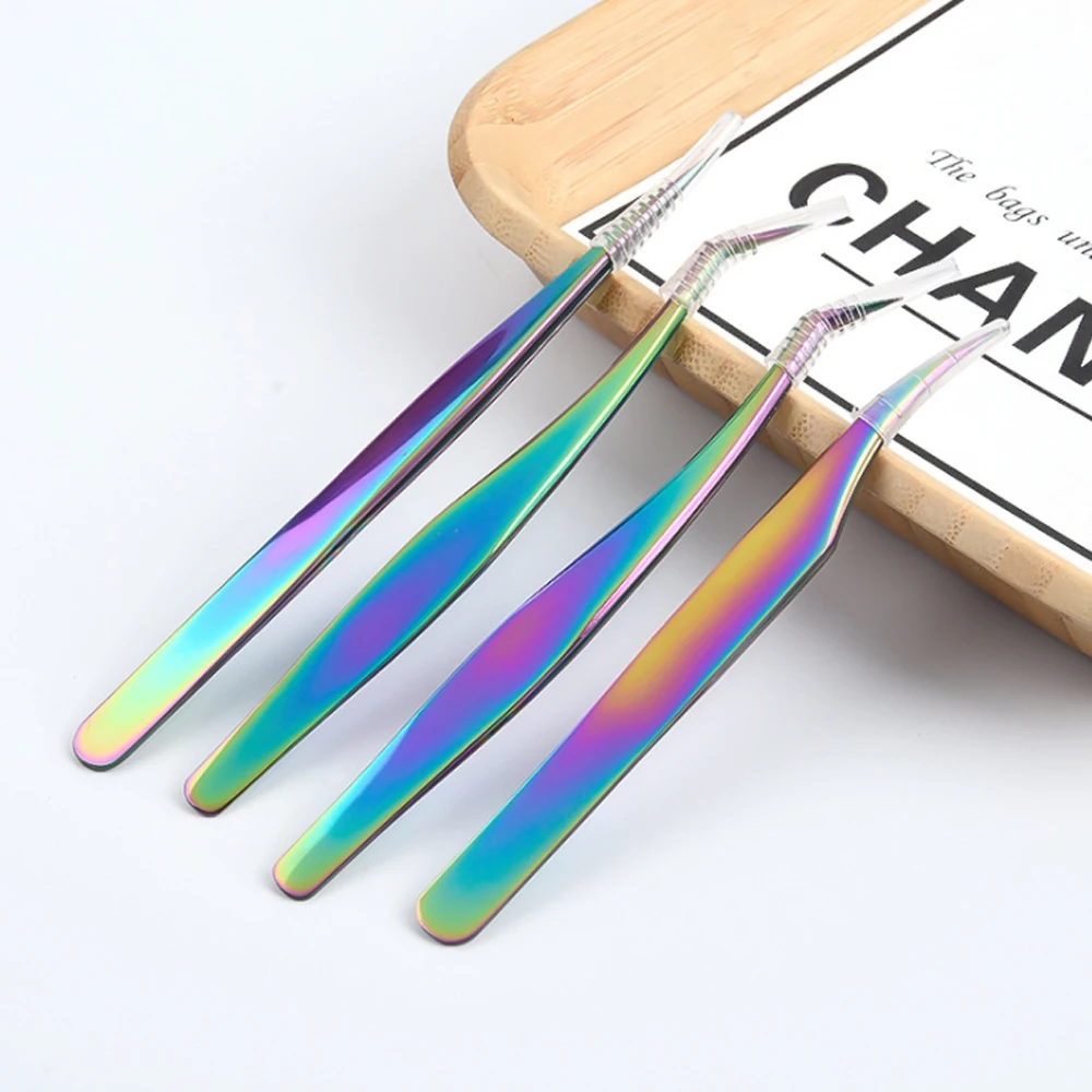 Rainbow Eyelashes Tweezers Anti-static Eyelash Extension Tweezer Fan Lash Eyebrow Tweezers Curved Straight Excellent Closure