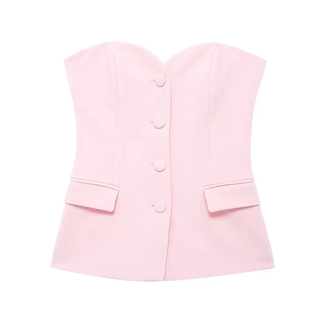 Tangada 2024 Women Pink Strapless Cropped Vest Ladies Waistcoat Sleeveless Elegant Top 3H0719