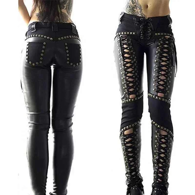 Kadın pantolon Punk Rock imitasyon deri kalem pantolon yeni seksi Hollow Out bandaj tayt Streetwear kadın pantolonları