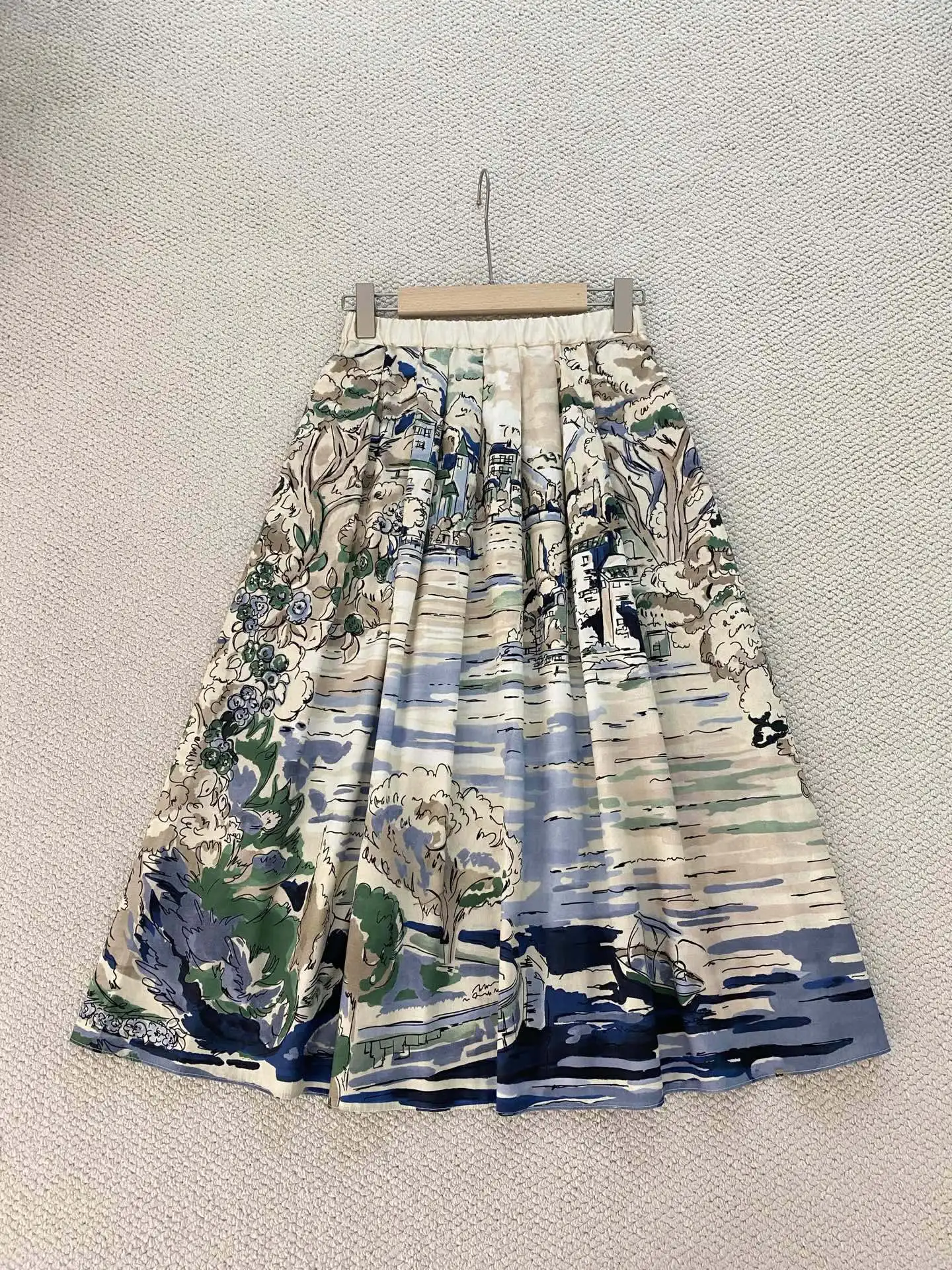 Women's Oil Painting Landscape Print Midi Dress with Elastic High-Waisted Ruched Flared A-Line Conceals Body