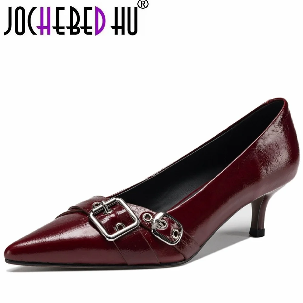 

【JOCHEBED HU】Handmade Genuine Leather Mid Heels Women Shoe Footwear Pointed Toe Party Ladies Shoes Buckle Strap Female Pump