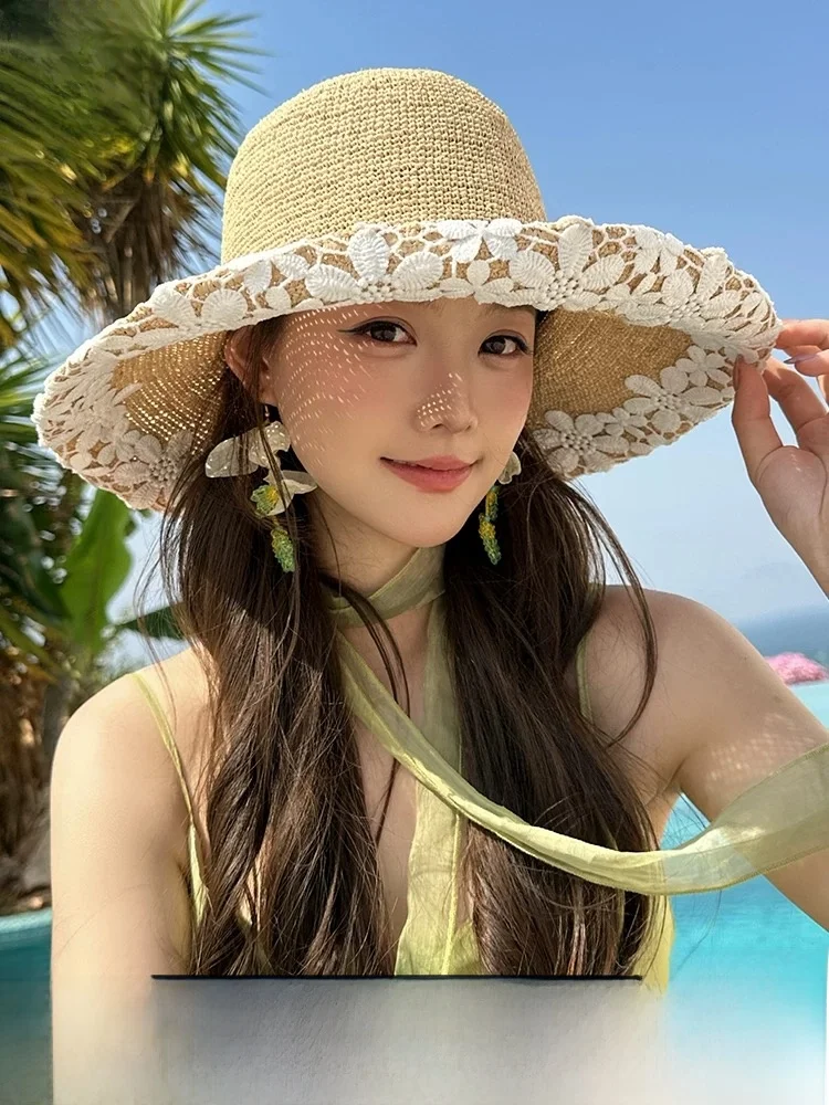 rouiiefao-cappello-di-paglia-laffite-con-fiori-in-pizzo-da-donna-estivo-per-vacanze-al-mare-protezione-solare-cappello-da-pescatore-traspirante