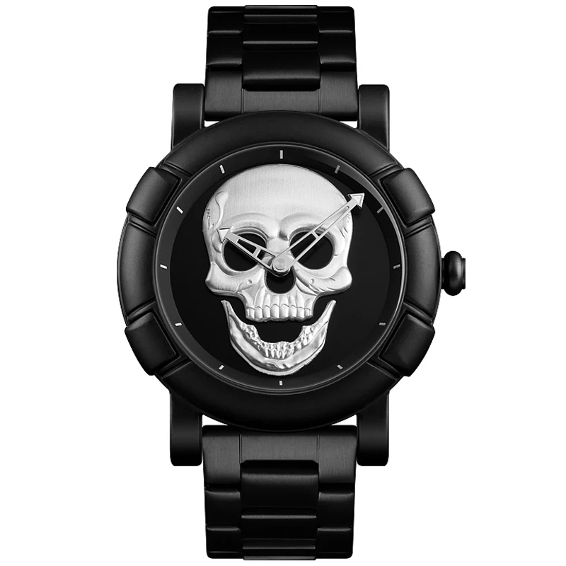 Black Gold Dial Quartz Watch Men 3D Skull Head Pattern Stainless Steel Steampunk Rock Engraved Cool Mexico Man Male Reloj Hombre