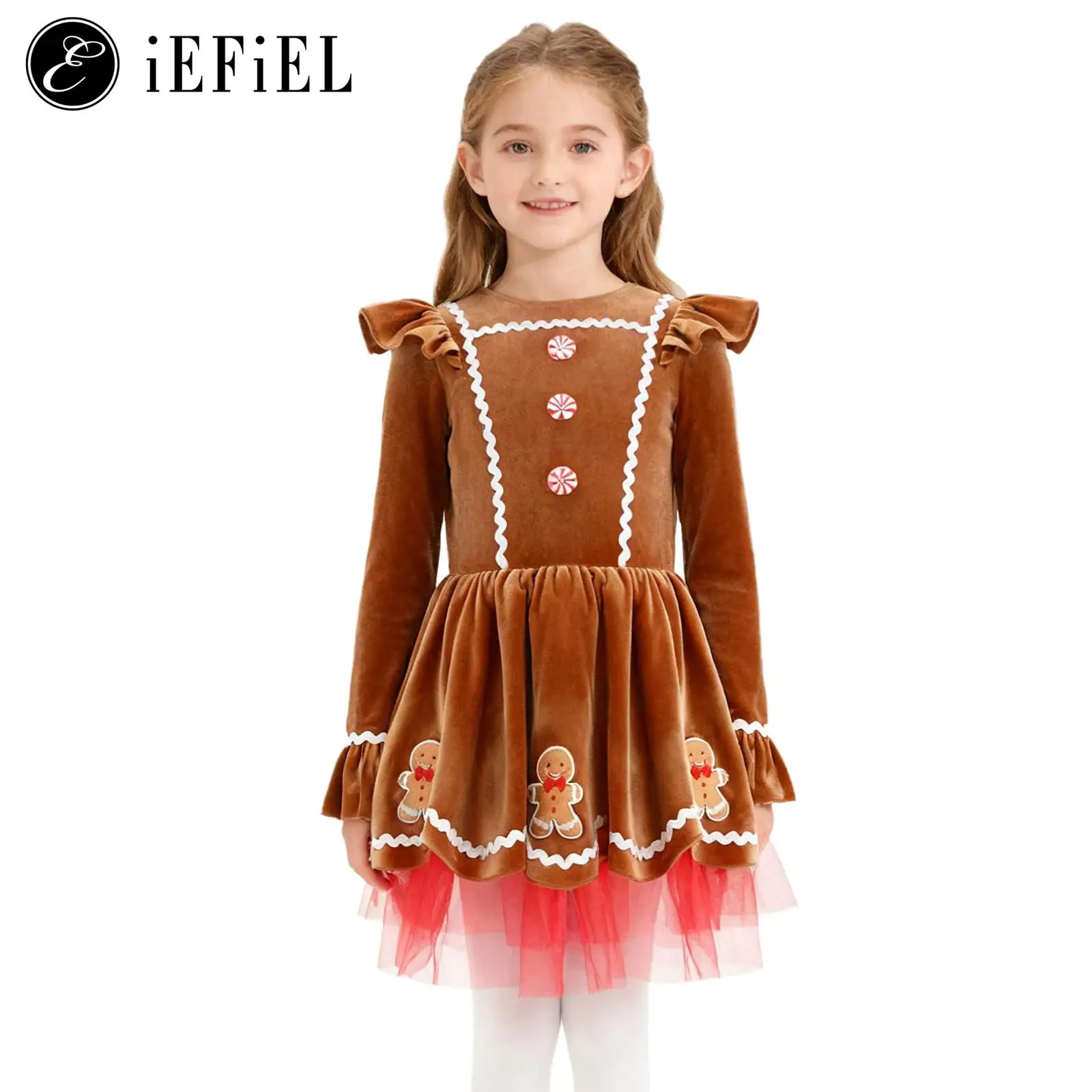 

Girls Gingerbread Man Xmas Dance Costume Brown Velvet Long Sleeve A Line Tutu Dress School Festival Ballroom Dancewear