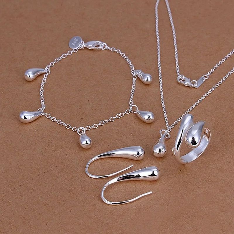 

Hot 925 sterling Silver Wedding women high quality classic drop bracelets earrings necklace rings fashion jewelry sets