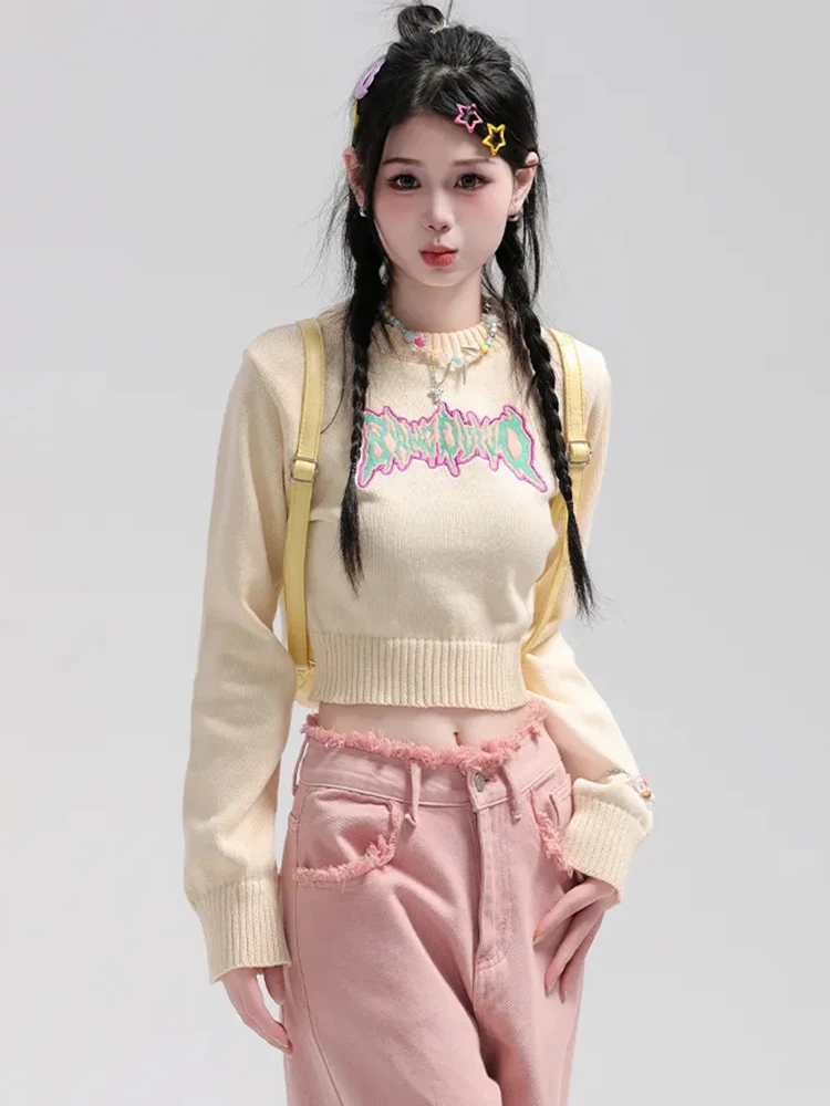 

Zoki Sexy Cropped Sweaters Women Slim Letter Long Sleeve Cute Knitted Jumper Vintage Preppy Style Female O Neck Casual Pullovers