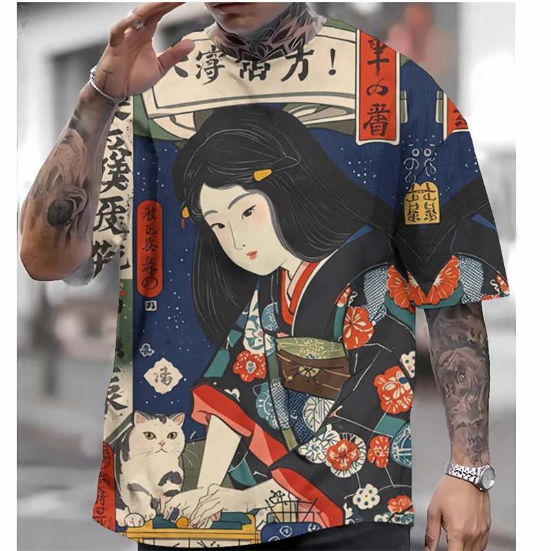 Japanese Style Geisha Pattern T Shirt For Men Ukiyo-e 3D Printed T-Shirts Summer O-Neck Tops Unisex Short Sleeve Tees Streetwear