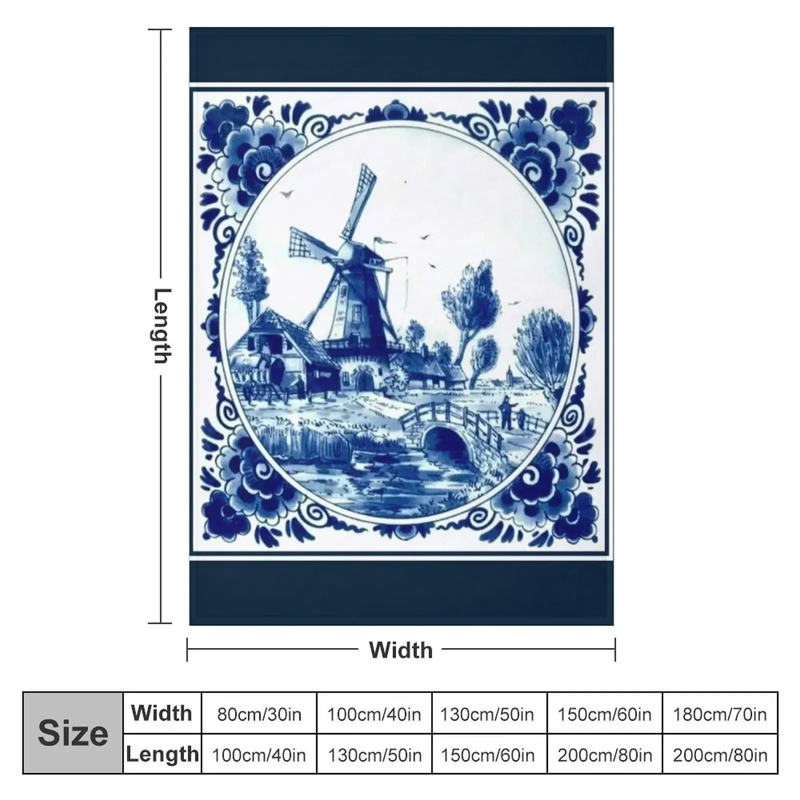 DUTCH BLUE DELFT : Vintage Windmill and Bridge Print Throw Blanket couch cozy soft plush fuzzy picnic outdoor blanket