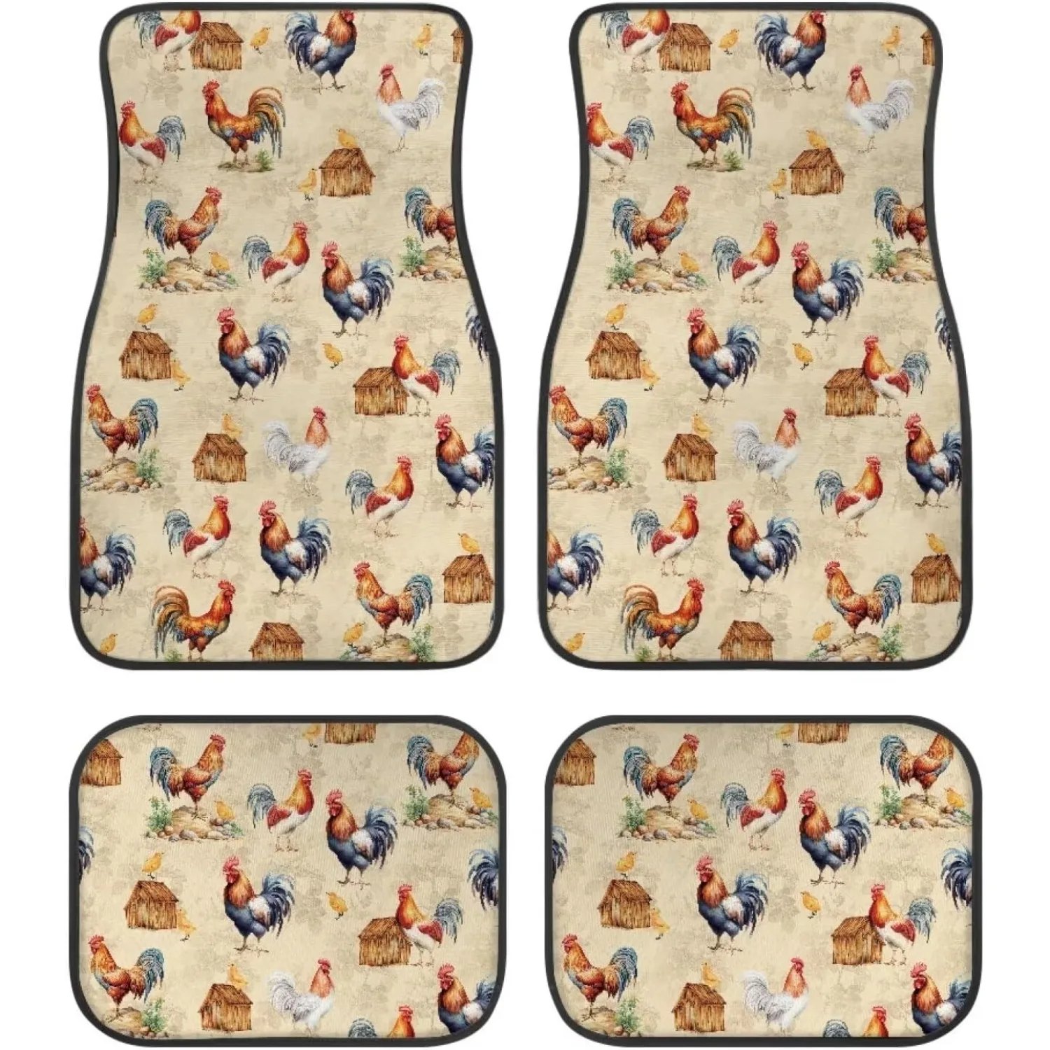 Set Of 4 Non-Slip Car Floor Mats With Rooster Chicken Print For Front And Rear, Universal Fit For Vehicle Protection