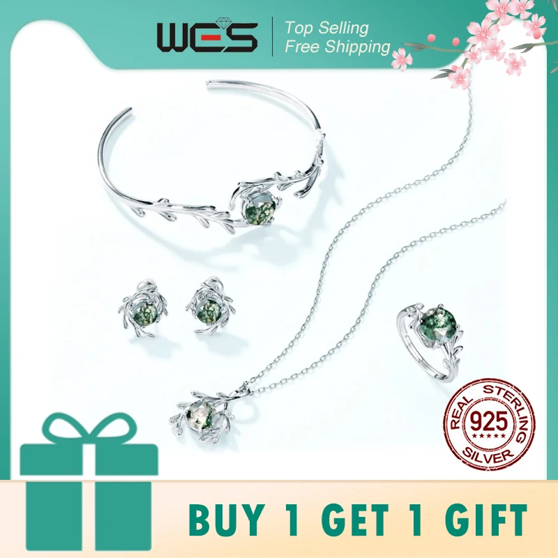 

WES стерлингового серебра 925 пробы натуральный драгоценный камень 8*8 мм моховой агат комплект ювелирных изделий для женщин лист ветка кольцо кулон оптовая продажа свадебный подарок