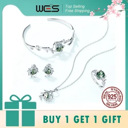 WES 925 Sterling Silver Natural Gemstone 8*8mm Moss Agate Jewelry Set for Women Leaf Branch Ring Pendant Wholesale Wedding Gift