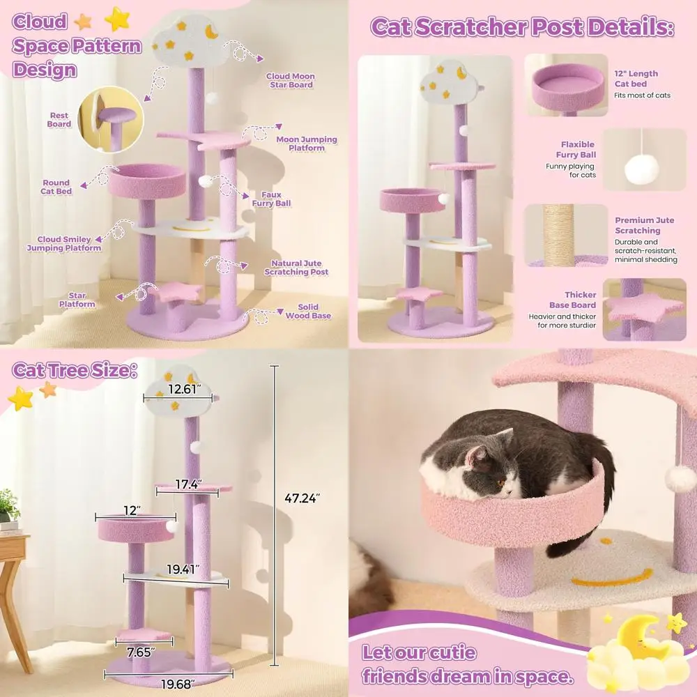 

Кошачье дерево Moon Star, 47-дюймовая высокая башня для кошачьего облака с когтеточкой из сизаля, розово-фиолетового цвета, уютная пушистая 3-стойная когтеточка