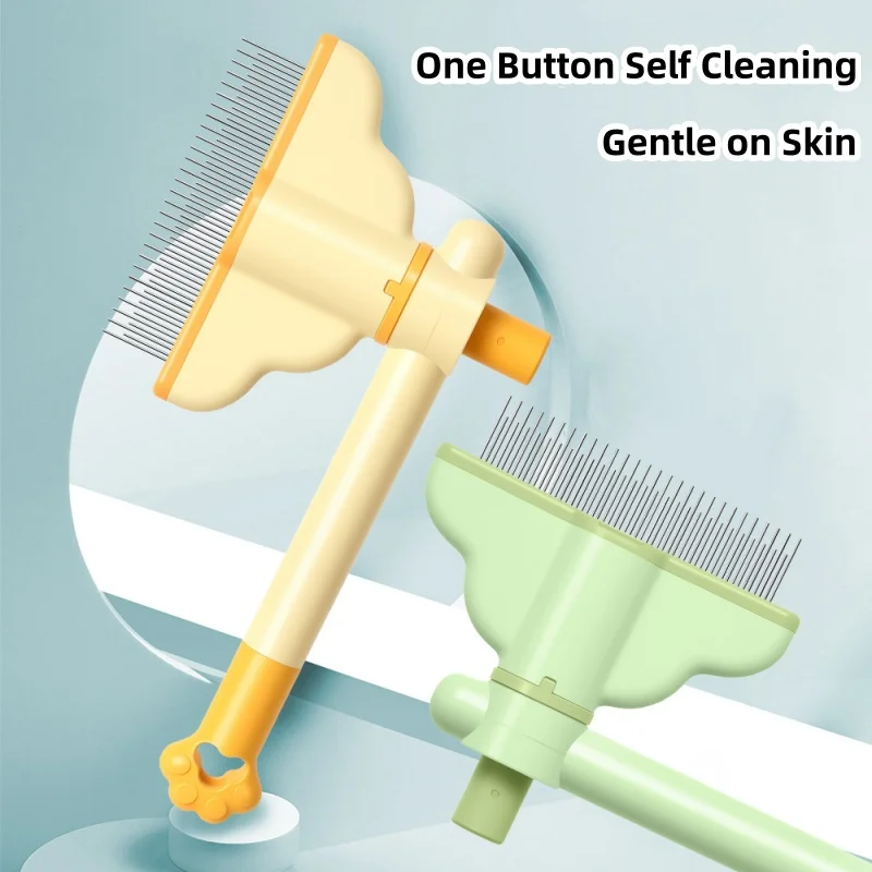One Button Self Cleaning Pet Grooming Comb Gentle Deshedding Brush for Cats Dogs Stainless Steel Teeth Non-Slip Hair Remover