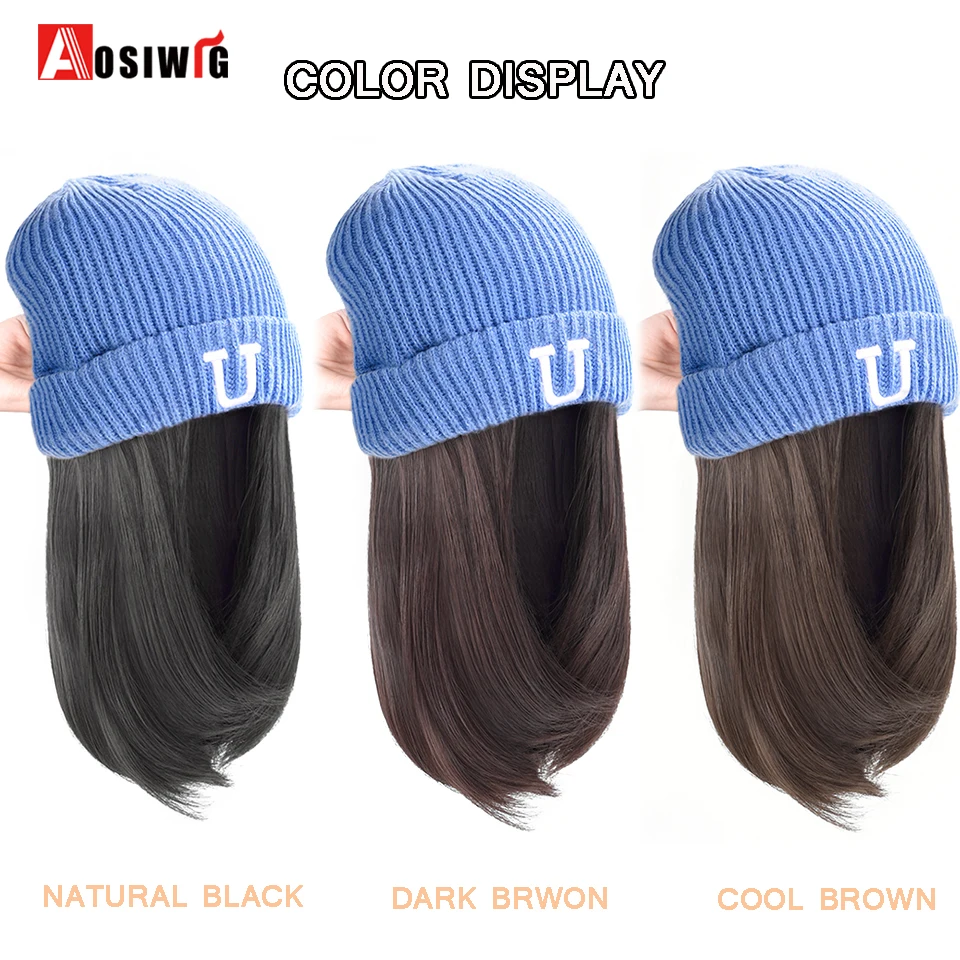 Short Hair Hat Wig Natural Brown Wig Connected With Synthetic Knitting Hat Hair Warm Wig In Winter Adjustable For Women