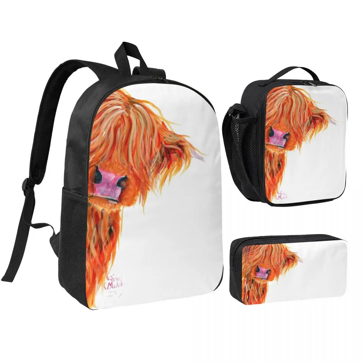 

Highland Cow Print Scottish Backpack Boys Girls BookBag School Bag Shoulder Bags 3ps Insulated Lunch Bag Pencil Case