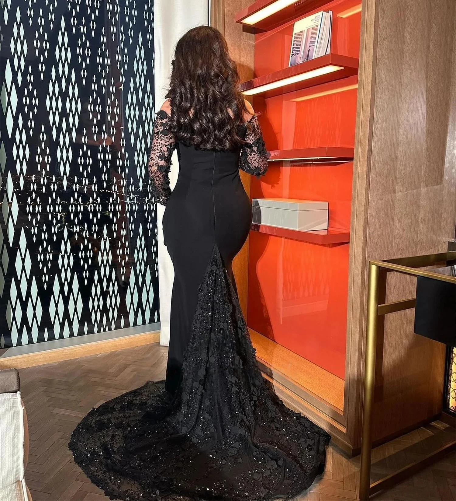 Black Slit Long Sleeves Bespoke Occasion Gown Evening Dresses Prom Pastrol Unisex Jersey Retro Dubai Saudi Arabic Customized