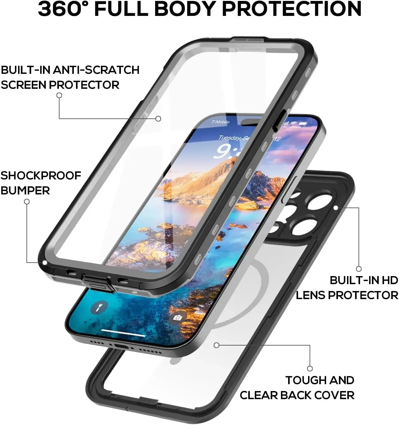 For iPhone 15 14 Plus 13 Pro Max IP68 Waterproof Clear Magnetic Case Shockproof Dustproof Diving Cover Built-in Screen Protector