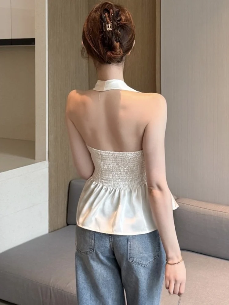 Kamizelka z odkrytymi plecami w jednolitym kolorze, seksowny krój, luksusowy wygląd, piękny top, koreański styl, do pracy, modna, plus size.