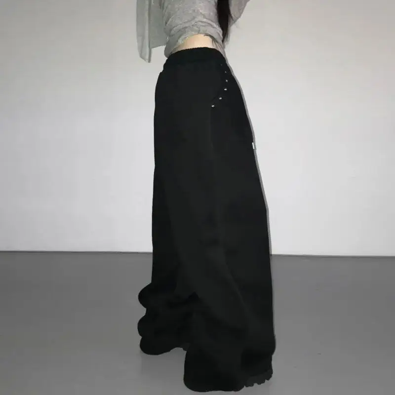 Deeptown Gray Rhinestones Women Sweatpants Black Vintage Wide Leg American Style Hip Hop Trousers Oversized Jogging Casual Thick