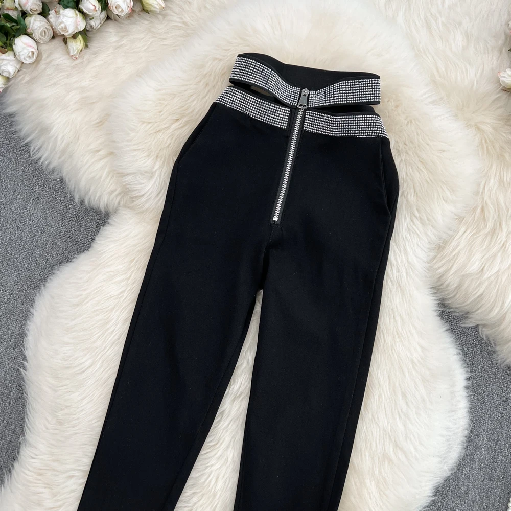 2023 Women's Casual Diamond Embellished Open Waist Pants with High Waisted Stretch and Slimming Magic Pants