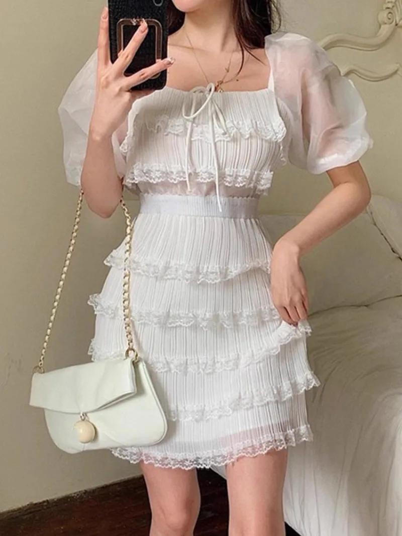 White Pleated Dress Woman Square Neck Backless Elegant Short Bodycon Dress Female Patchwork Summer Vacation Vestido