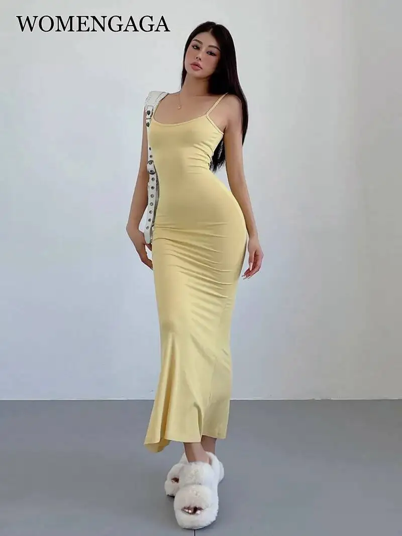 WOMENGAGA Sexy Slim Strap Dress Elegant Women's Fishtail Dress Long Dresses A-LINE Fashion Women's Clothing 2026 Korean VAL0