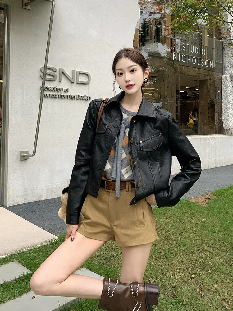 

Кожаная куртка Fuyan черного цвета для женщин: повседневная, в американском ретро-стиле, модная, весенне-осенняя, новинка, универсальная, для отдыха