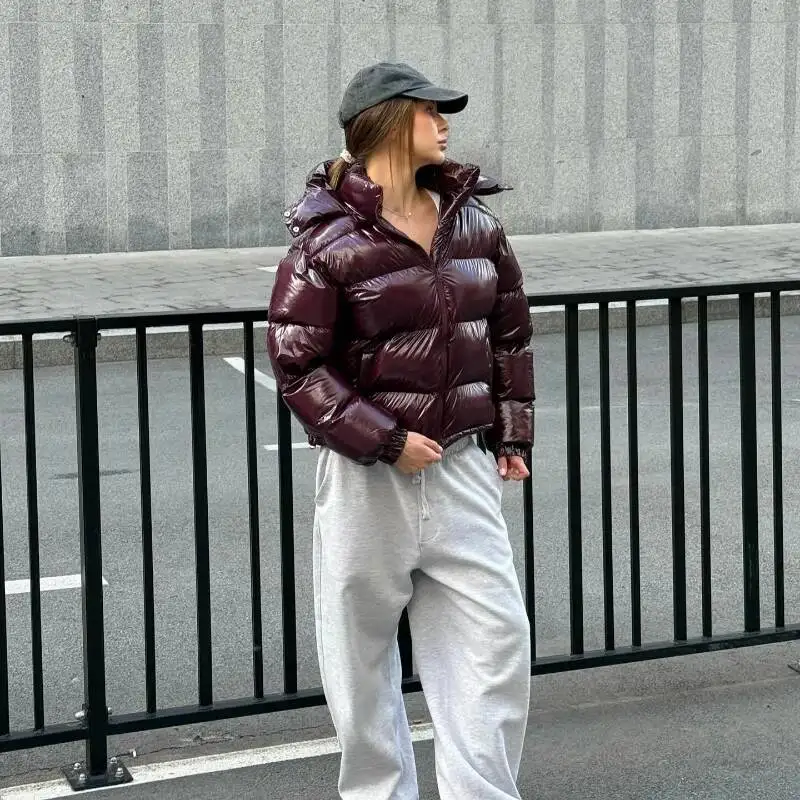 Solid Glossy Zipper Hooded Coats Women's Warm Elastic Waist Pleated Short Cotton Jacket 2026 Winter New Lady High Street Outwear