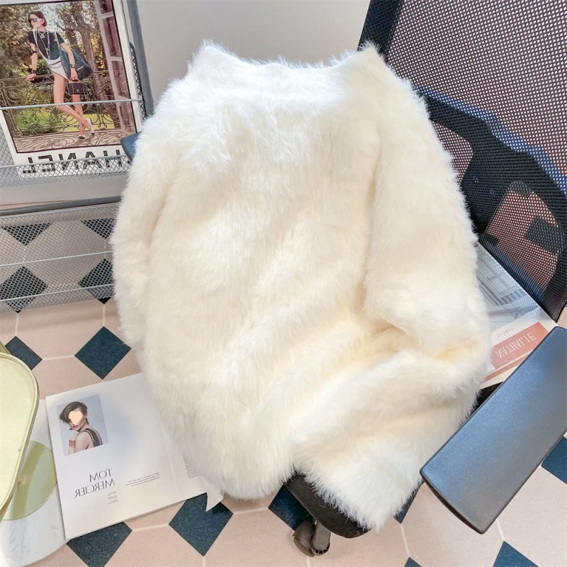 الخريف الشتاء أفخم الخامس الرقبة سترة فضفاضة للنساء شارع العليا شيك الصوفية طويلة الأكمام البلوز سيدة شعر سترة طويلة 2025 جديد