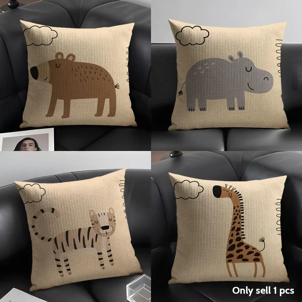 African Animal Themed Cushion Cover Natural Linen Pillow Case Organic Fabric Double Sided Print Sofa Home Decor Gift