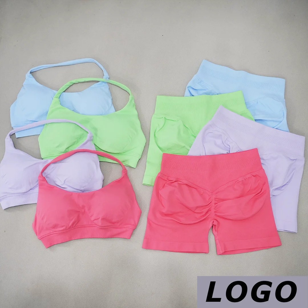 LOGO LOGO DF Women 2‑Piece Seamless Workout Set Lace‑Up Push Up Sports Bra High Waist Short Leggings Breathable Yoga Gym Running - Aliexpress Deal