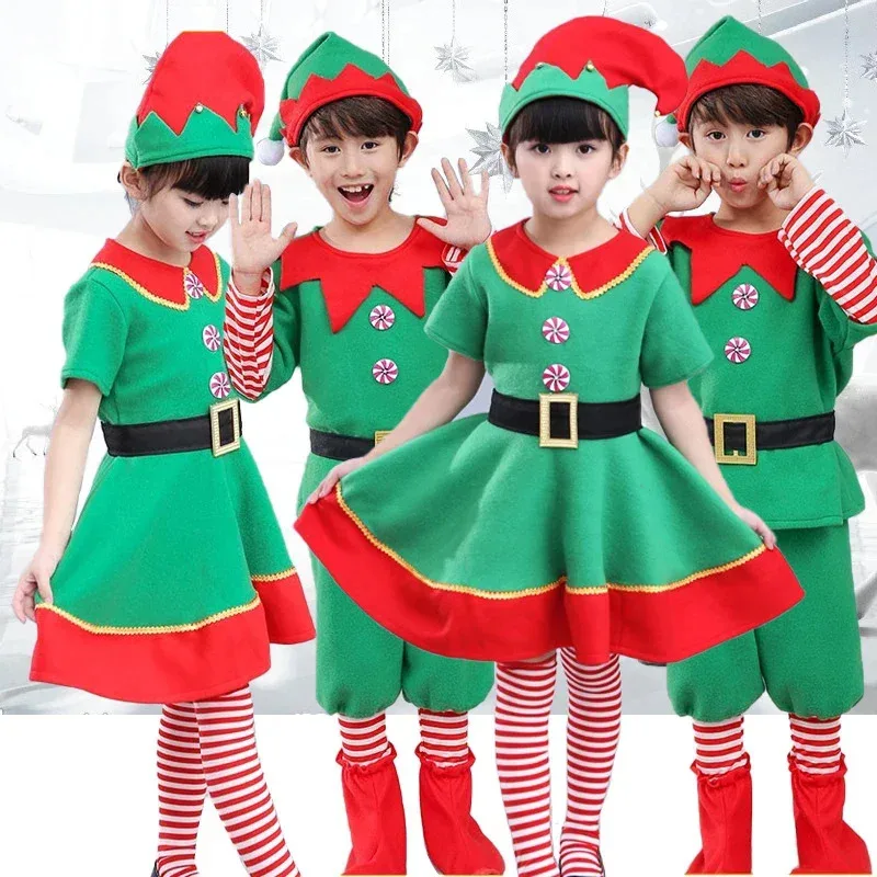 Christmas Santa Claus Costume Adult Kids Family Green Elf Cosplay Outfits Carnival Party Year performance Xmas Dress Giftc;3.k'6