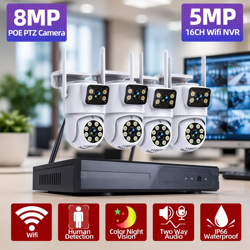 16CH Wireless NVR System Outdoor 4K Dual Lens PTZ Wifi Camera Auto Tracking Home CCTV Security Surveillance Kit 4CH 2 Way Audio
