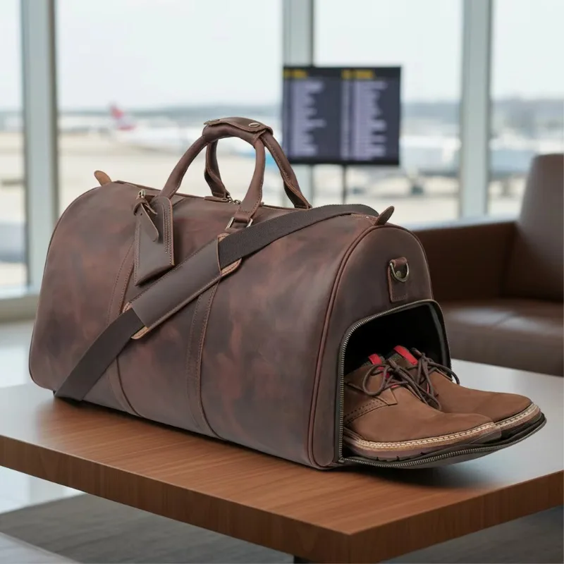 Vintage Large Capacity Waterproof Gym Luggage Bag, Custom Logo Zipper, Genuine Leather Travel Organizer, Luggage Bag, Shoe Bag