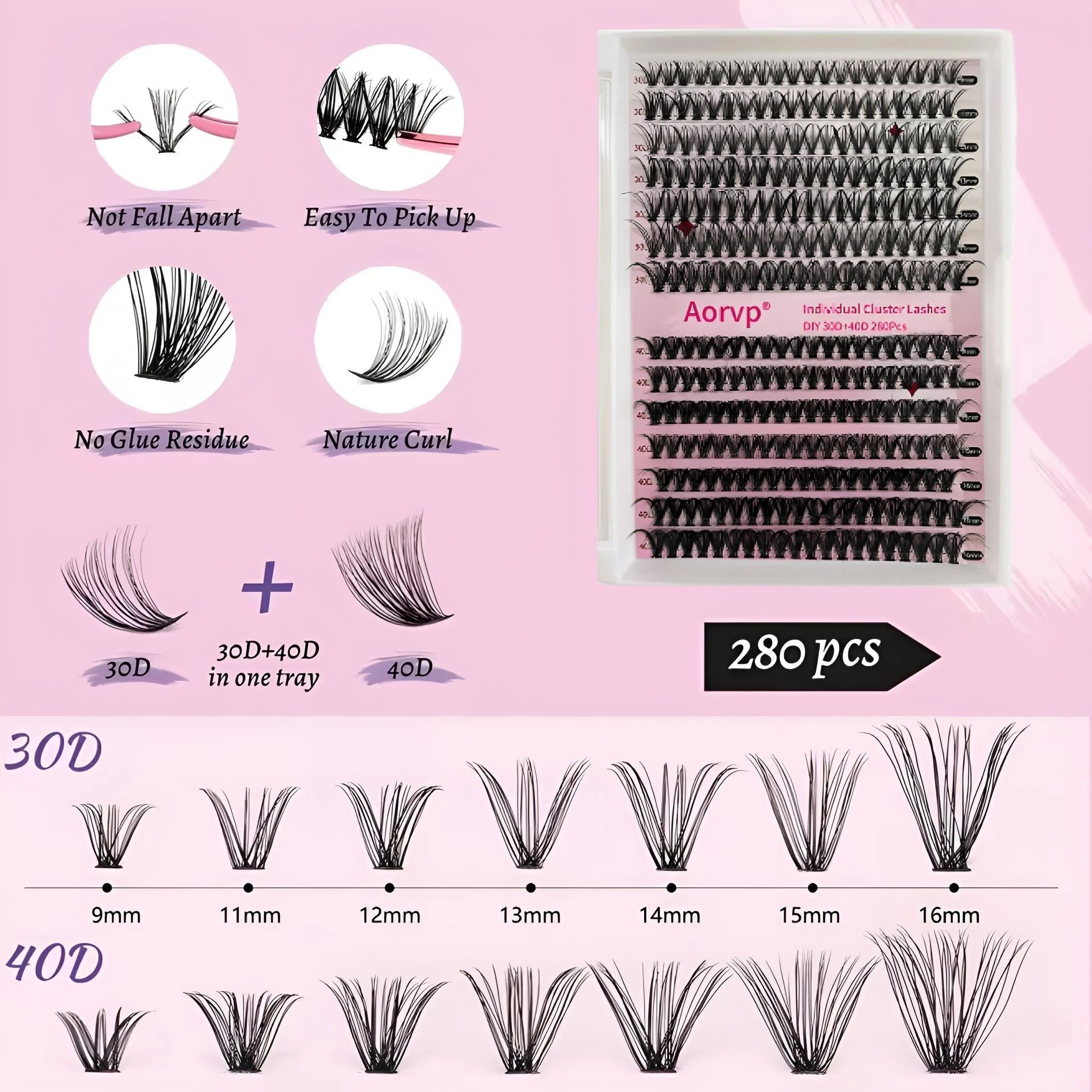 Kit de extensión de pestañas voluminosas 30D/40D, longitud y rizo dramáticos, juego completo con pestañas agrupadas, pegamento rizado, sellador, máscara