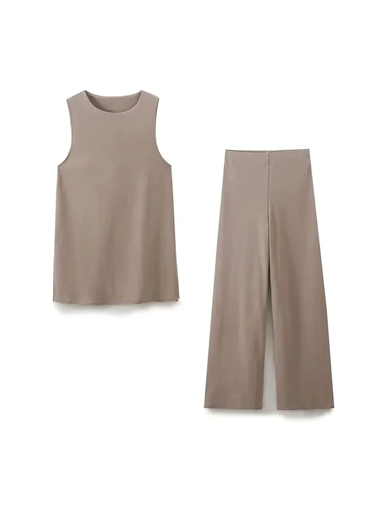 HH 2024 Women Summer 2 Piece Vest Pant Sets Female Soild Casual O Neck Vest Top+ Elastic Waist Loose Trousers Spring Outfits