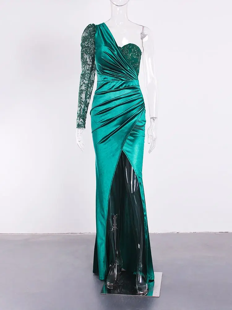 One Shoulder Lace Sequin Stretch Satin Party Dress Split Mermaid Floor Length Evening Night Green Dress